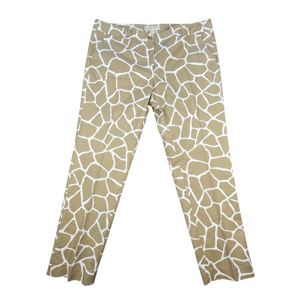Michael Kors Tan White Giraffe Animal Print Ankle Pants Women 14